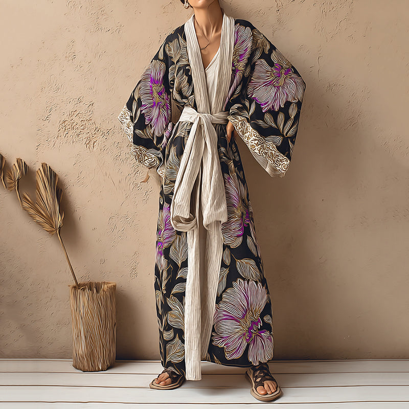 Women's Floral Art Linen V-neck Robe elevenforest
