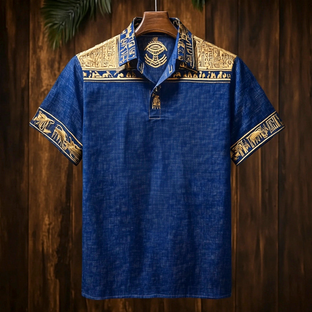 Vintage Egyptian Totem Print Men's Linen Short Sleeve Shirt elevenforest