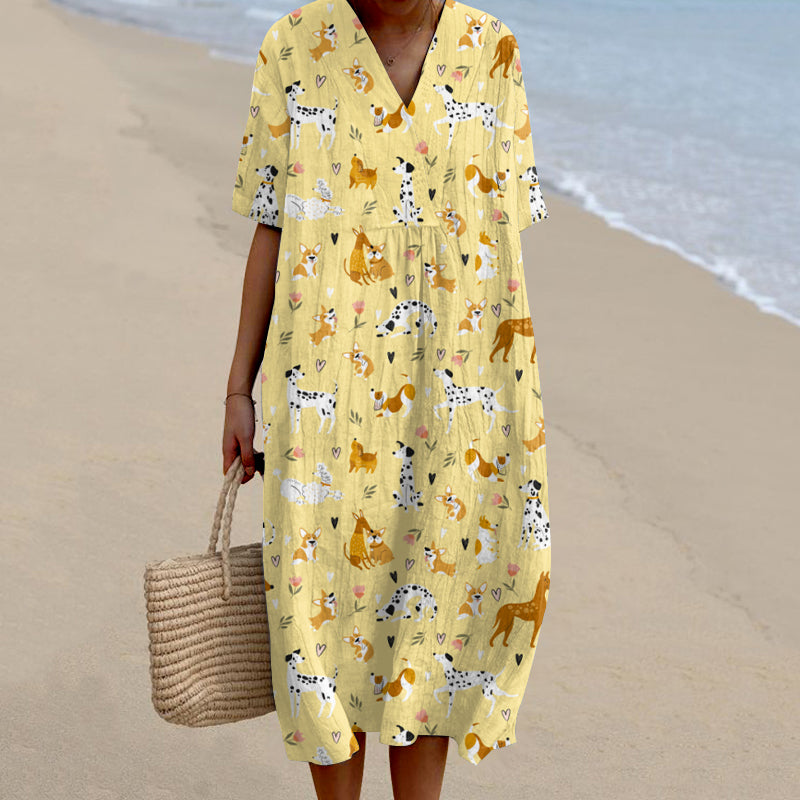 Dog Art V-neck Linen Short Sleeves Midi Dress elevenforest