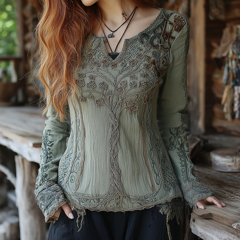 Women's Vintage Viking Tree Of Life V-neck Shirt elevenforest