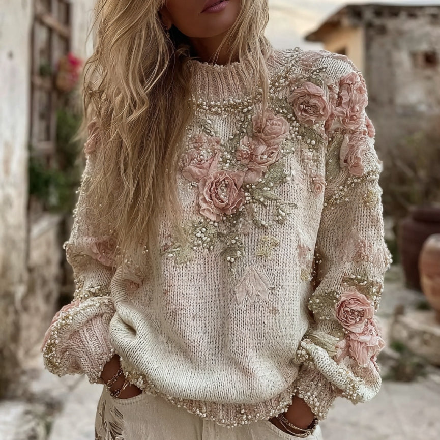 Women's Vintage Roses Art Knit Turtleneck Sweater elevenforest