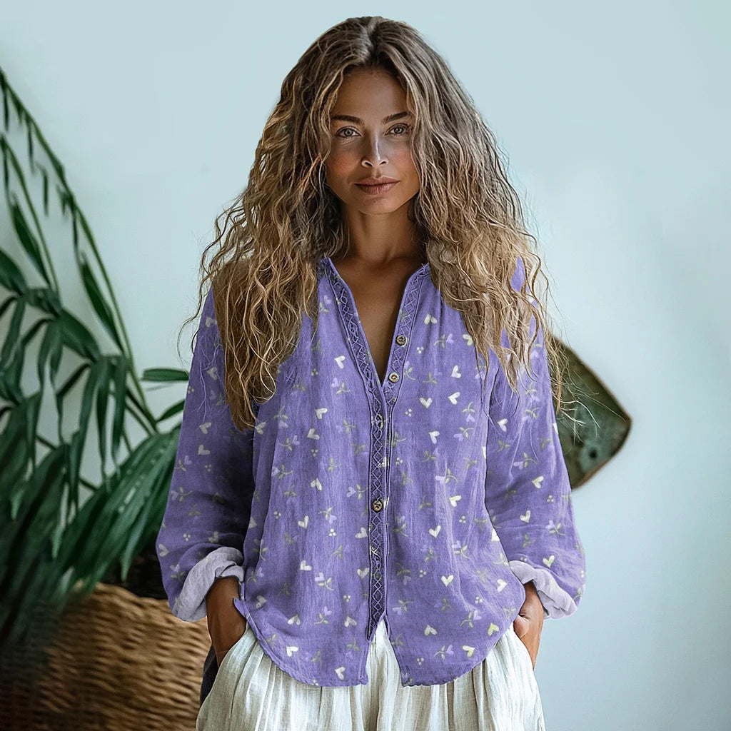 Vintage Purple Floral Art Linen Print Long Sleeve Shirt elevenforest