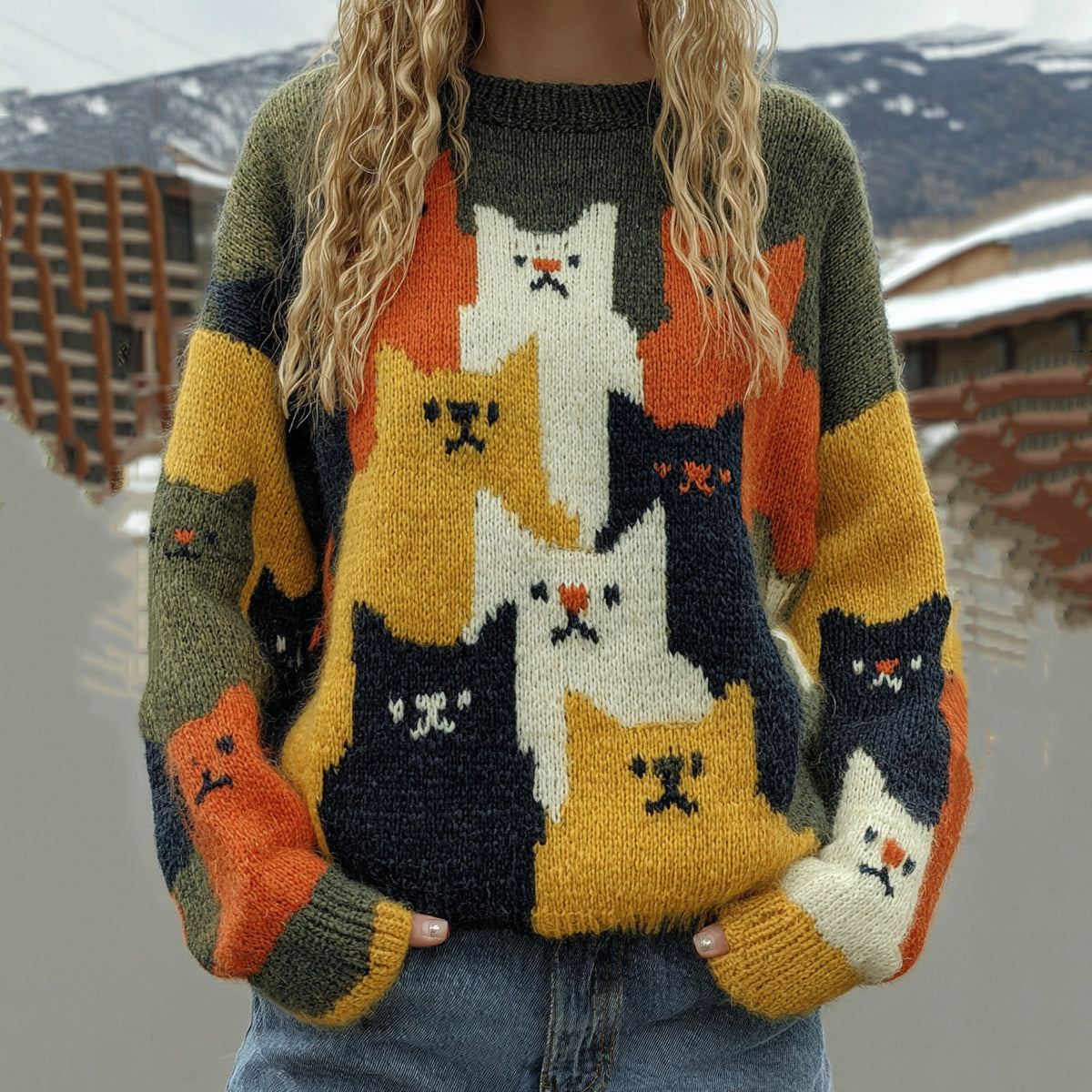 Colorful Winter Cats Pattern Art Cozy Knit Sweater artswardrobe