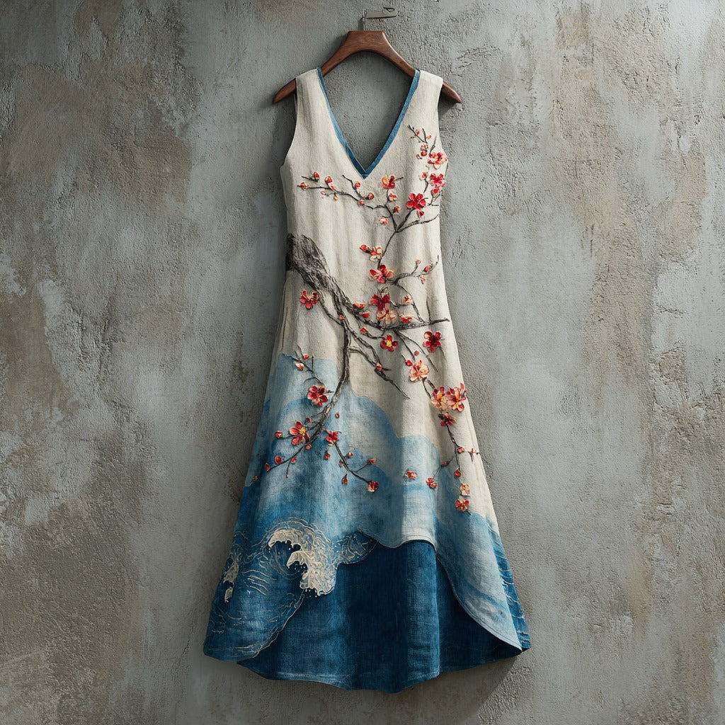 Women's Cherry Blossoms Embroidery And Waves Art Linen Maxi Dress elevenforest