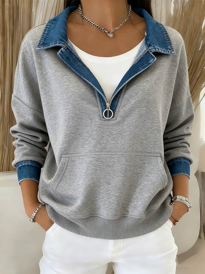 Women'S Contrasting Color Stitching Lapel Sweatshirt