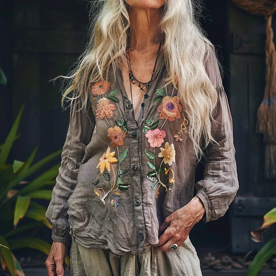 Bohemian Style Linen Floral Art Print Long Sleeve Loose Shirt elevenforest
