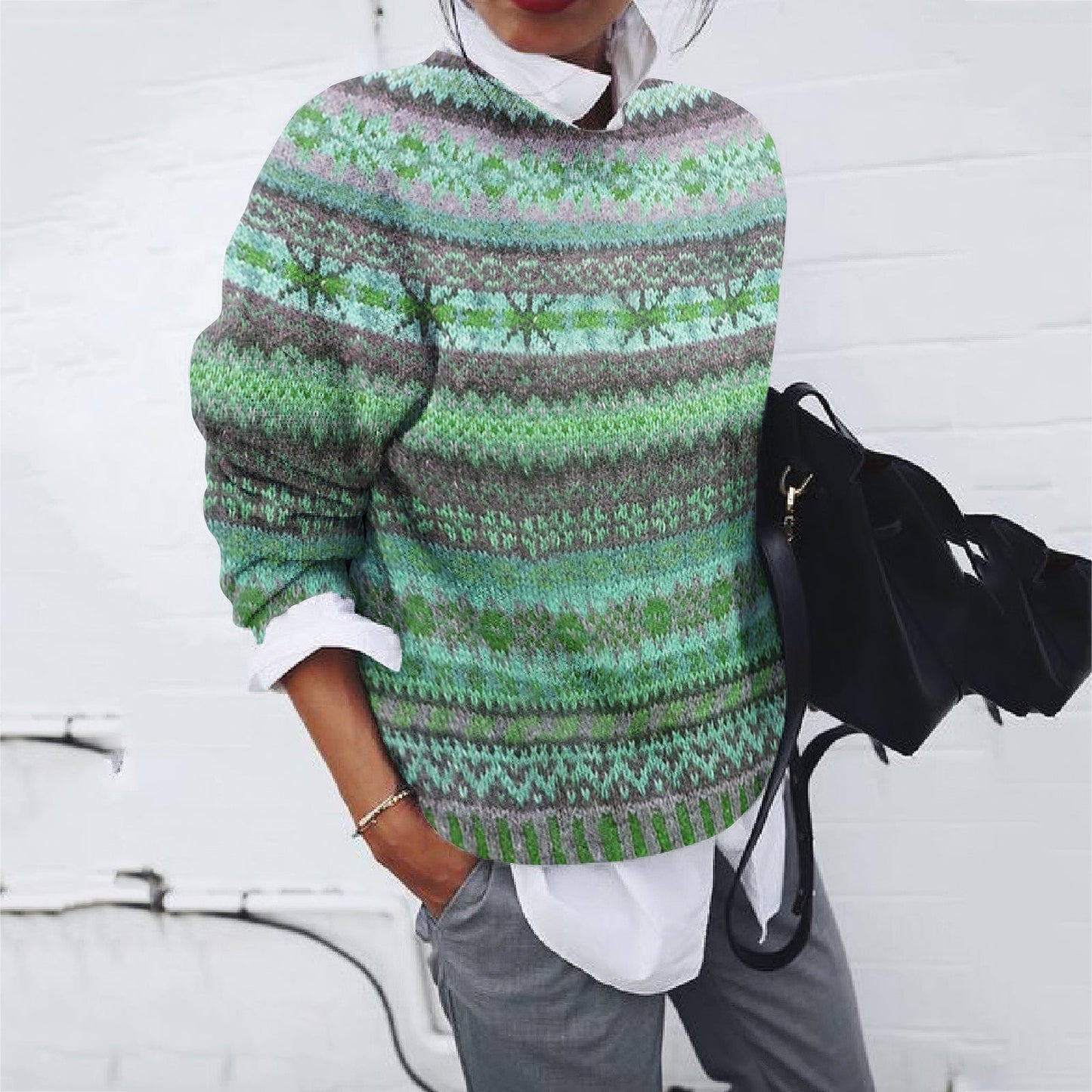 Vintage Ethnic Wavy Jacquard Contrasting Colors Printing Sweater elevenforest