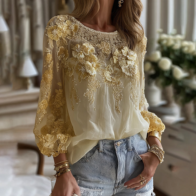 Women's Classic Bohemian Yellow Floral And Gold Roses Embroidery Art Linen Blend Round Neck T-shirt elevenforest