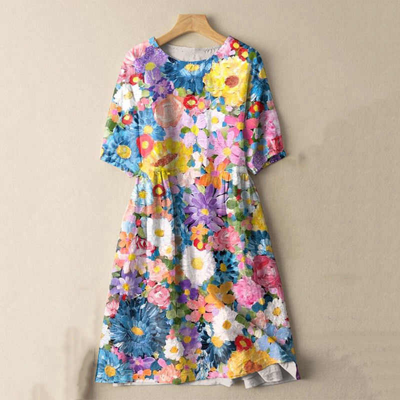 Japanese Colorful Watercolor Spring Flowers Print Cotton Linen Blend Midi Dress elevenforest
