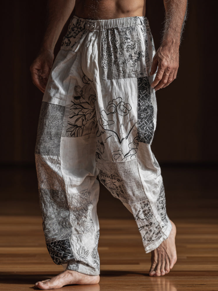 Japanese Style Patchwork Plant Print Casual Black And White Cotton Linen Casual Trousers elevenforest