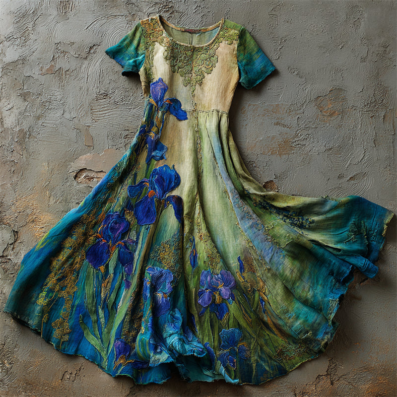 Oil Painting Irises Embroidered Lace Flowy Linen Maxi Dress elevenforest