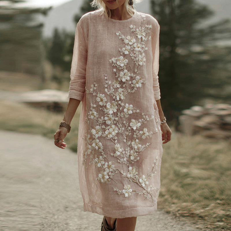 Women's Bohemian Cherry Blossom Pattern Casual Round Neck Long Sleeve Dress elevenforest