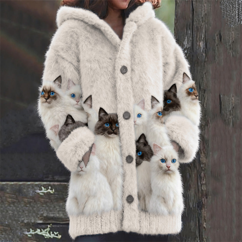Classy Fuzzy Cats Art Cozy Knit Hooded Cardigan elevenforest