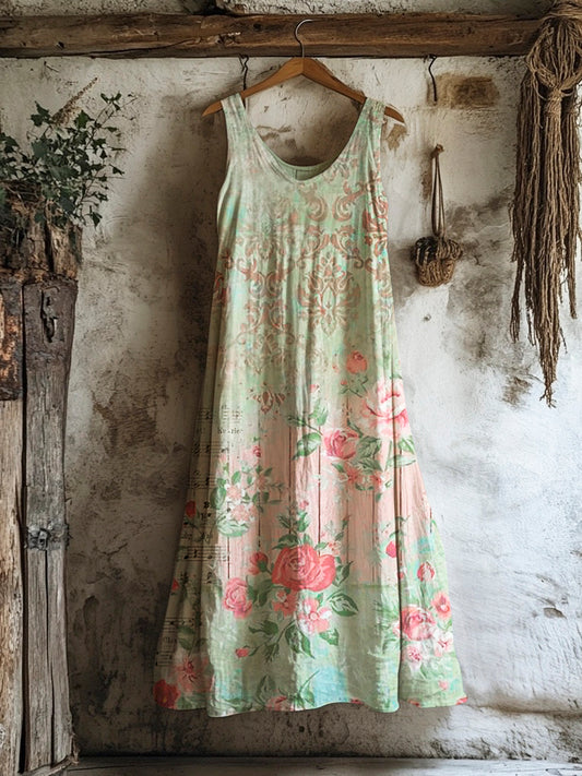 Vintage Floral Print Women's Linen Vest Dress elevenforest