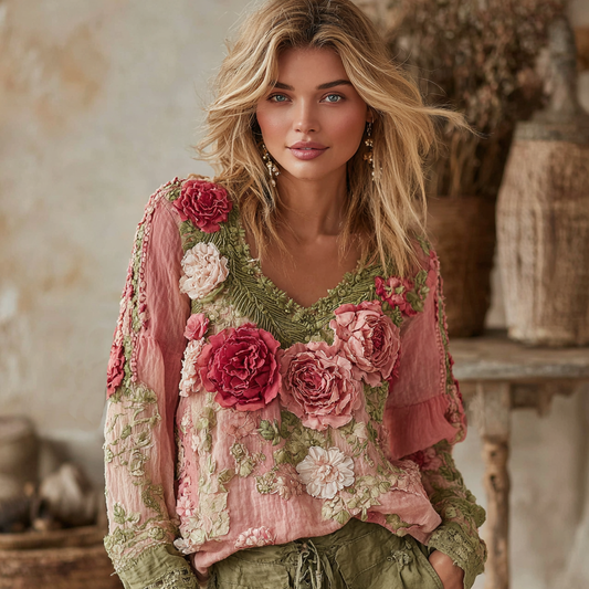 Women's Vintage Floral Art V-neck Shirt elevenforest