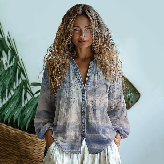 Bohemian Style Linen Graduate Floral Art Print Long Sleeve Shirt elevenforest