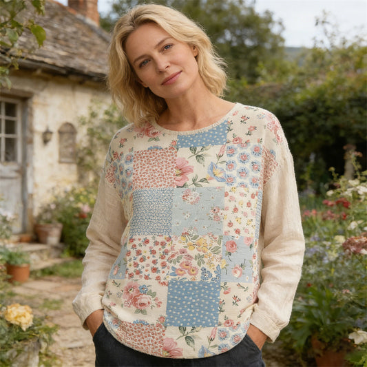 Rustic Floral Patchwork Pattern Women's Linen Long Sleeve Shirt elevenforest