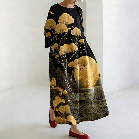 Comstylish Women's Japanese Landscape And Plant Pattern Linen Dress