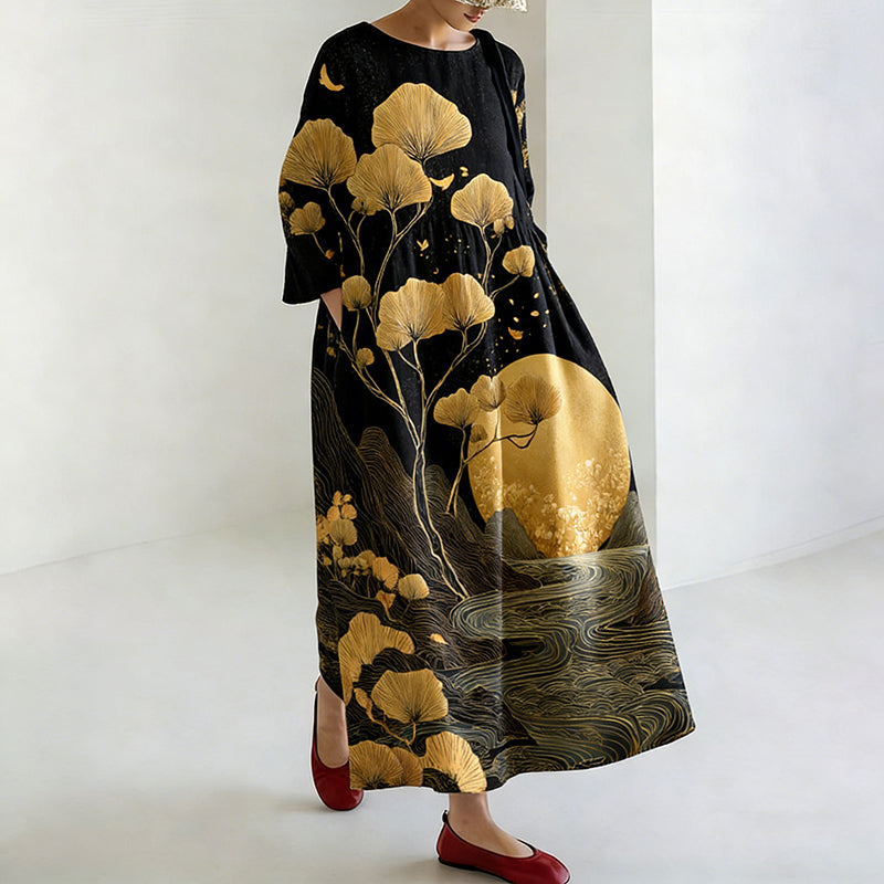 Women's Japanese Landscape And Plant Pattern Linen Dress elevenforest
