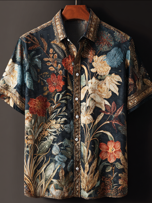 Bohemian Style Plant And Flower Pattern Men's Retro Cotton And Linen Short-sleeve Shirt elevenforest