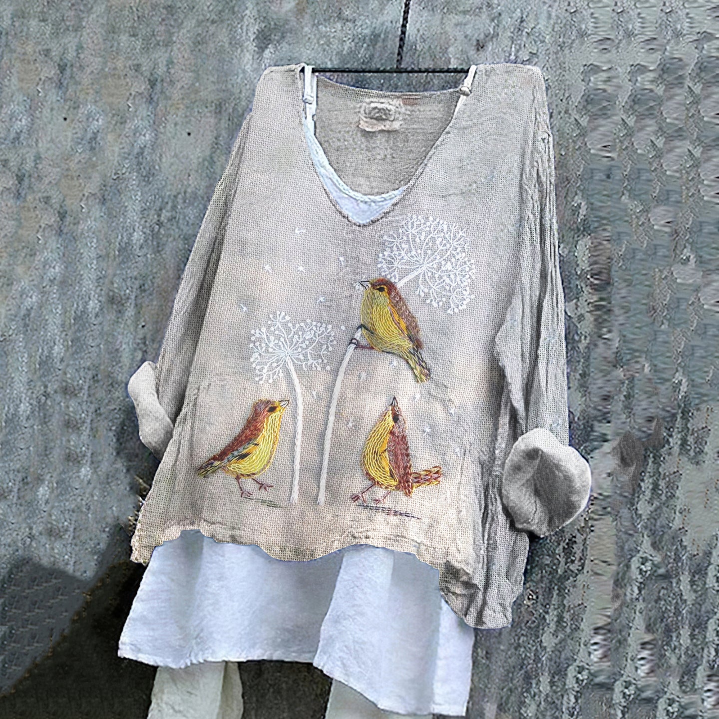 Women's Dandelions And Birds Art  Loose V-neck Shirt elevenforest