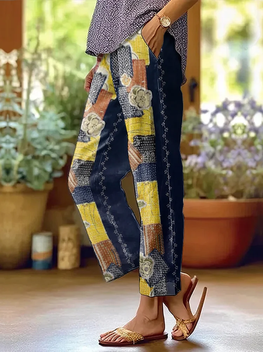 Women's Retro Geometric Floral  Patchwork Art Cotton And Linen Casual Pants elevenforest