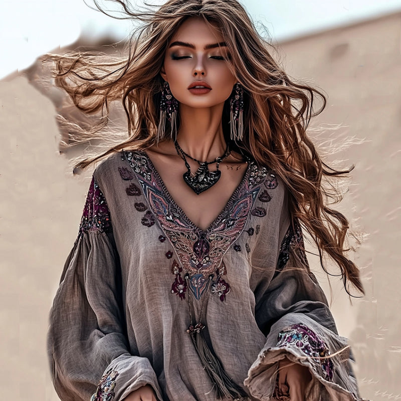 Comstylish Boho Floral Embroidery Art Cotton And Linen Blend Blouse