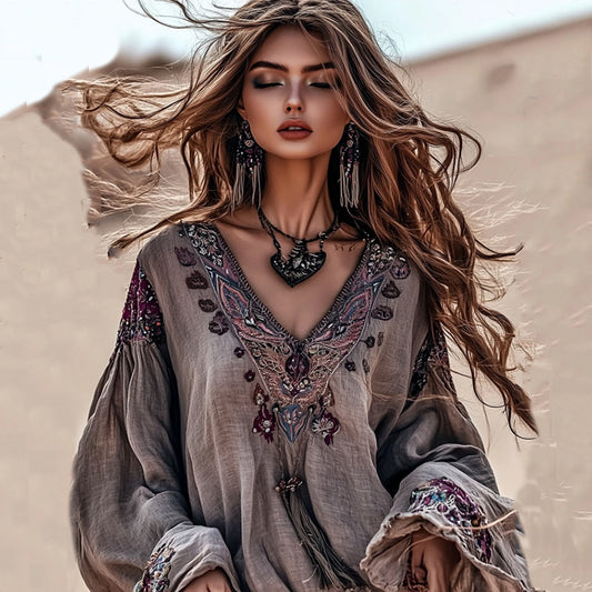 Comstylish Boho Floral Embroidery Art Cotton And Linen Blend Blouse