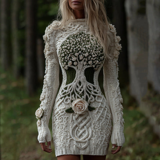 Women's Viking Celtic Knot With Tree Of Life Art Cozy Knit Mini Sweater Dress artswardrobe