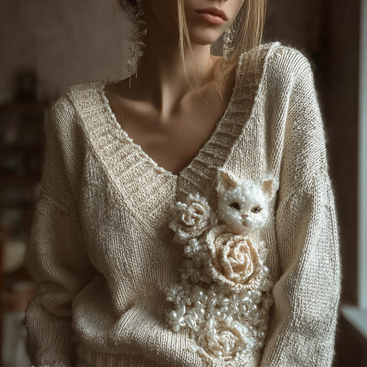 Retro Cute Cat Autumn And Winter Women's V-neck Knitted Sweater elevenforest