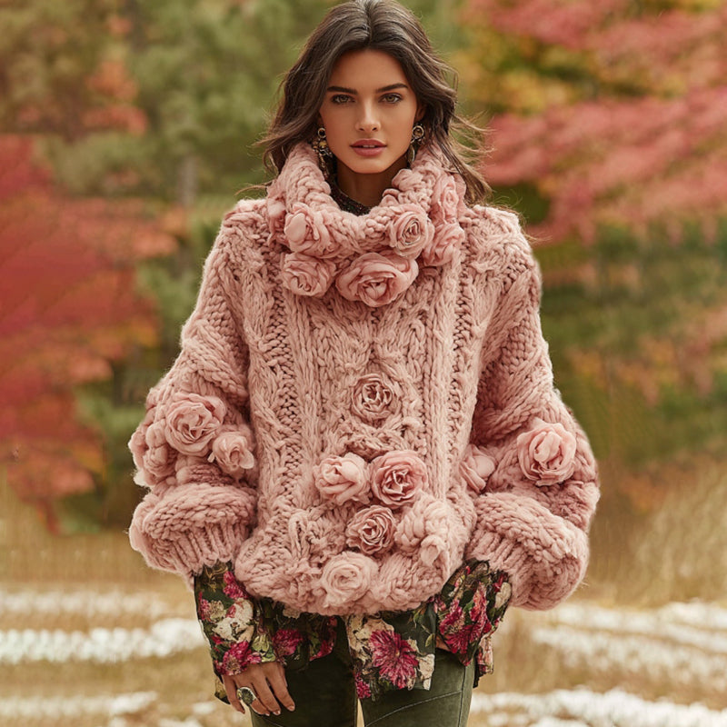 Women's Vintage Rose Art Knit Cozy High Neck Sweater elevenforest
