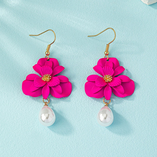 Sweet Imitation Pearl Rose Red Flower Earrings elevenforest