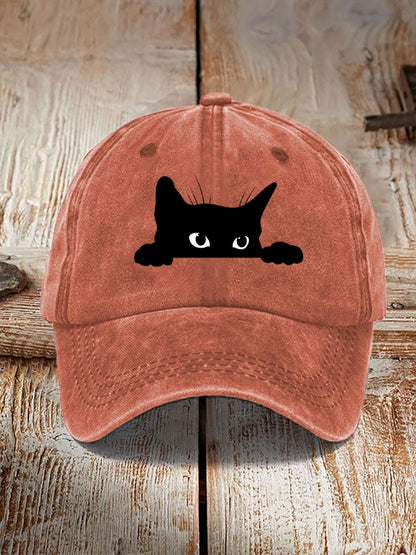 Unisex Washed Cotton Bend Casual Black Cat Print Hat elevenforest