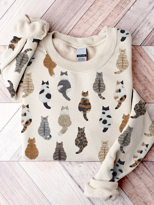 Cute Cats Embroidery Pattern Casual Cozy Sweatshirt elevenforest