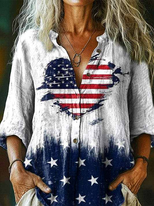 Women's Independence Day Heart Flag Print Casual Cotton Linen Shirt