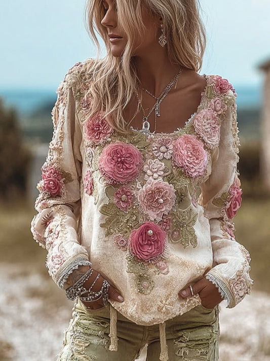 Women's Romantic Pink Rose Vintage Casual Long-sleeved Top elevenforest