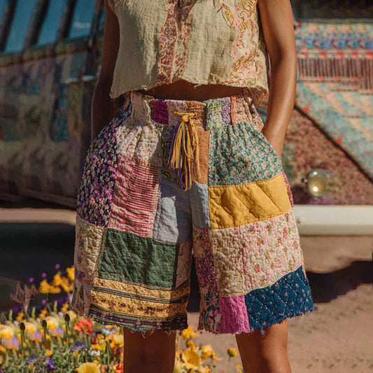 Countryside Style Collection Classy Patchwork Floral Pattern Art Linen Shorts elevenforest