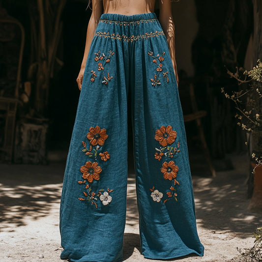 Women's Retro Linen Bohemian Ethnic Flowers Print Long Loose Wide-leg Trouser Pants elevenforest