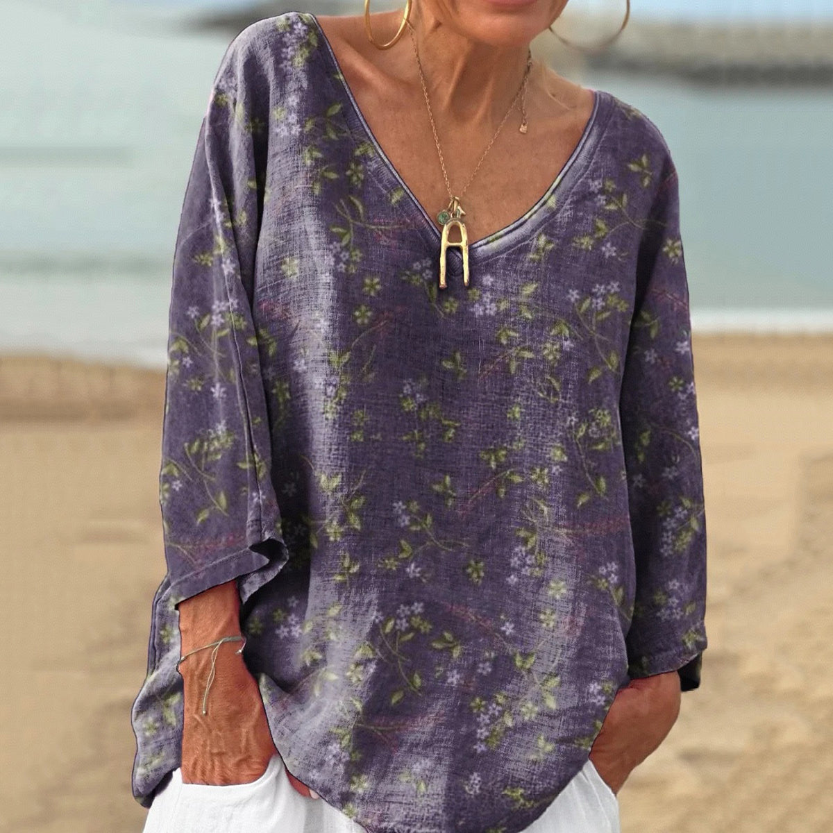 Vintage Floral Print V-neck Linen Blend T-shirt elevenforest