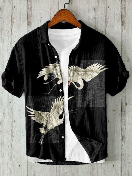 Japanese Flying Cranes Art Linen Blend Cozy Shirt elevenforest