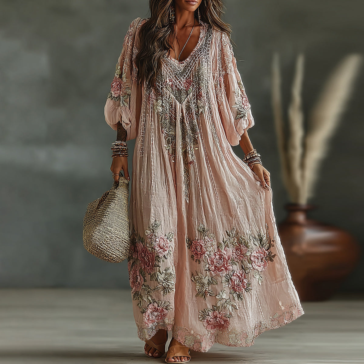 Women's Vintage Floral Art Flowy Linen Blend Casual Long Sleeve Maxi Dress elevenforest
