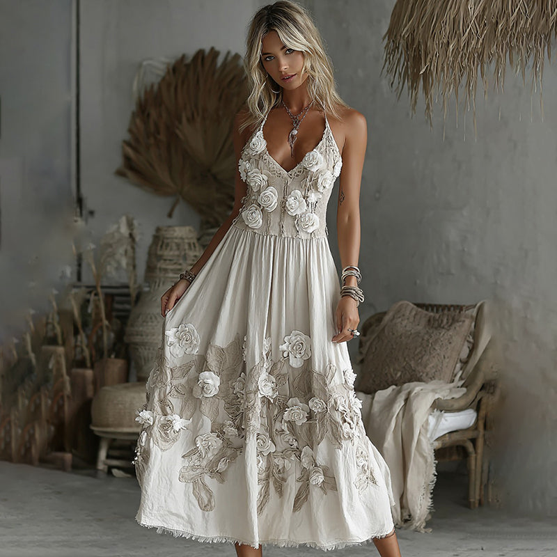 Women's Vintage Rose Embroidery Art V-neck Casual Maxi Dress elevenforest