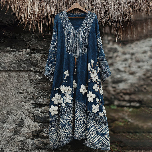 Women's Traditional Japanese Sashiko Art V-neck Dress elevenforest
