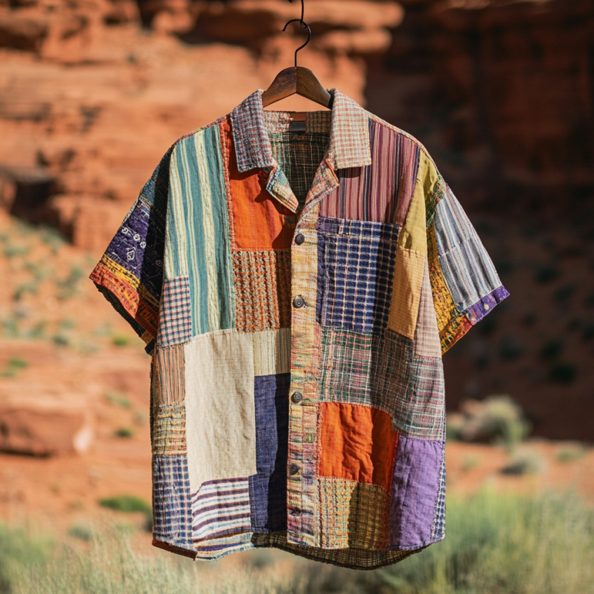 Men's Retro Patchwork Contrast Color Linen Shirt elevenforest