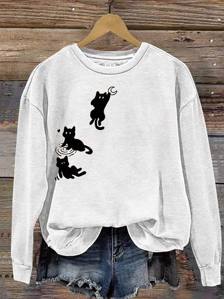 Comstylish Mooncatcher Cat Print Casual Crew Neck Sweatshirt