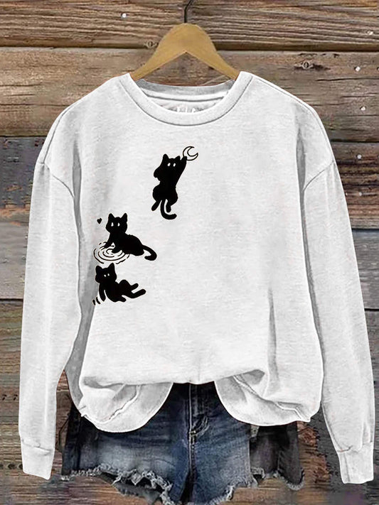 Comstylish Mooncatcher Cat Print Casual Crew Neck Sweatshirt