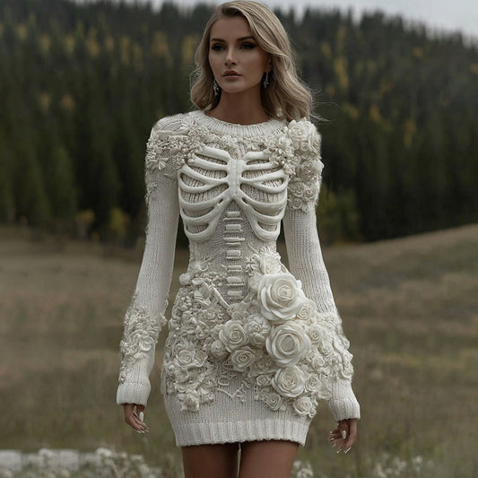 Women's Vintage Skeleton With White Rose Art Cozy Sweater Dress elevenforest
