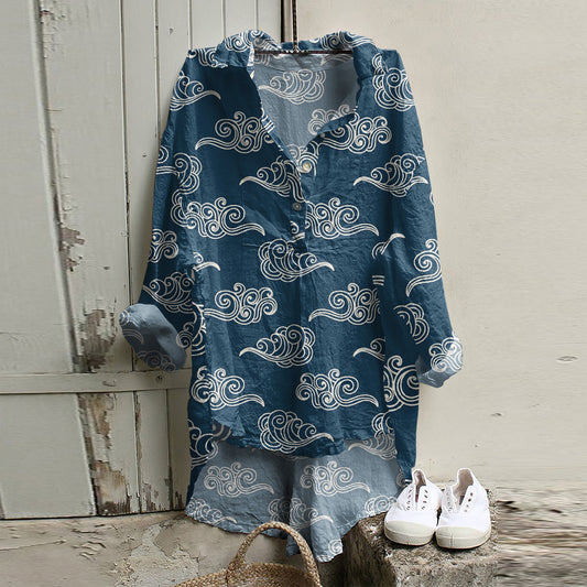 Japanese Art Cloud Print Long Sleeve Casual Shirt elevenforest