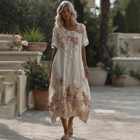 Women's Vintage Pink Rose Gradient Pattern Linen Crew Neck Dress elevenforest