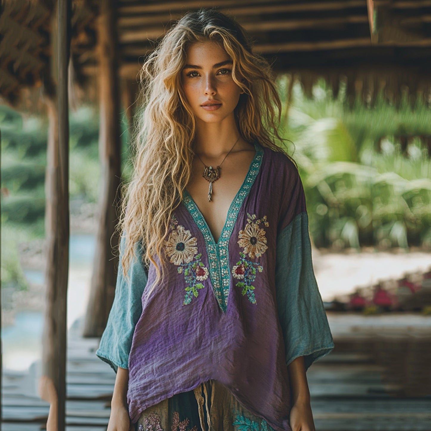 Retro Boho Tribal Floral Art Embroidery Print Cotton And Linen V-neck Loose Shirt elevenforest